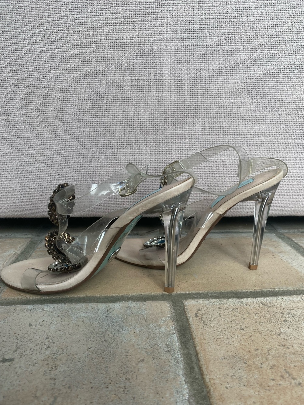 Betsey Johnson Clear Strap Heels with Blue Teardrop Rhinestones - Picture 11 of 12
